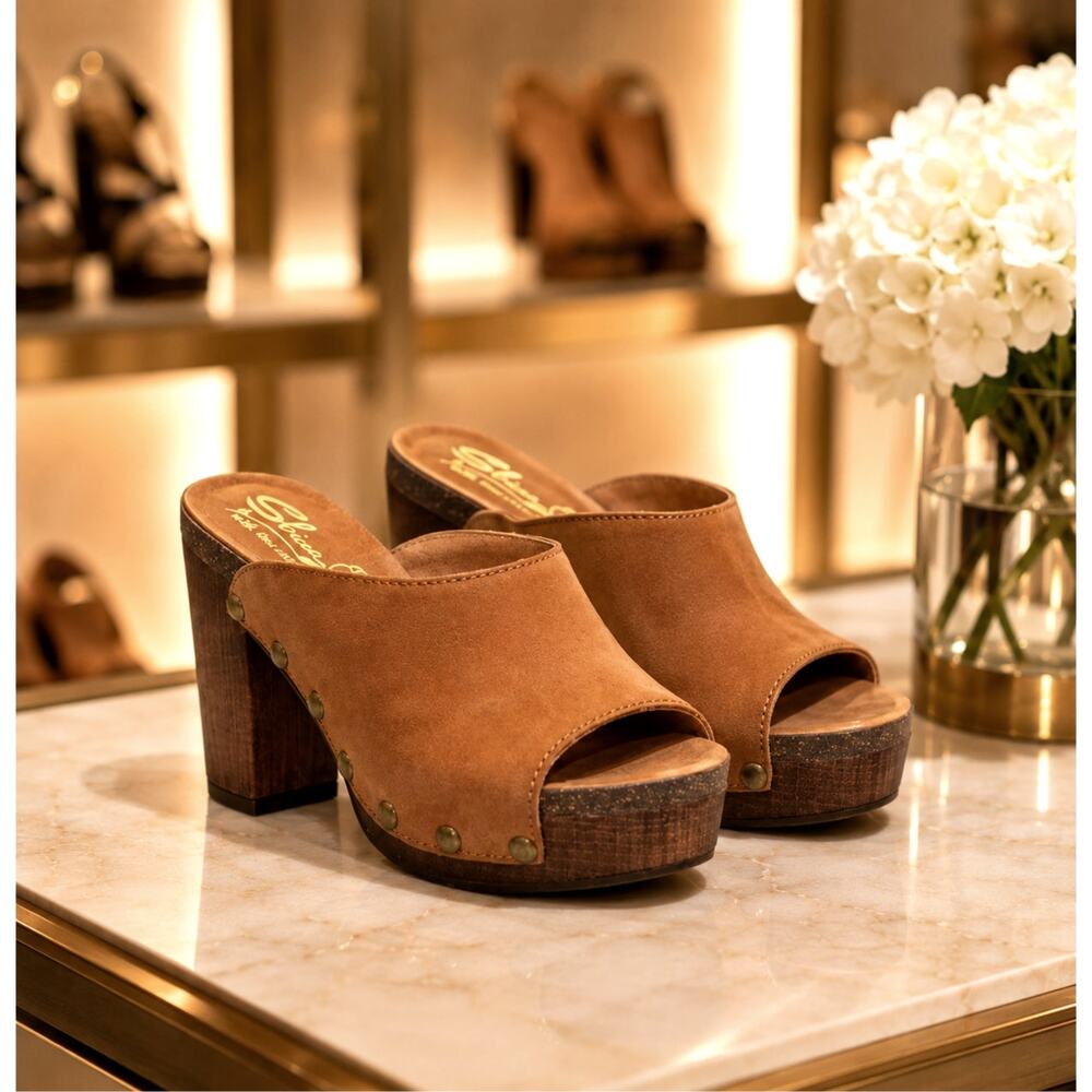Sbicca Montrose Genuine Suede Clog Mule Heeled Sandal Tan 9